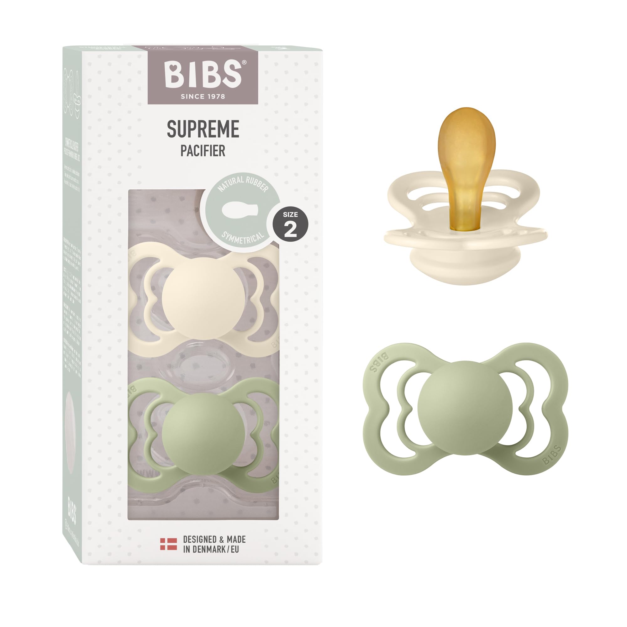 BIBS Supreme Soother 2-Pack, BPA Free Dummy Pacifier, Symmetrical Nipple. Natural Rubber Latex, Size 2 (6-18 Months), Ivory/Sage