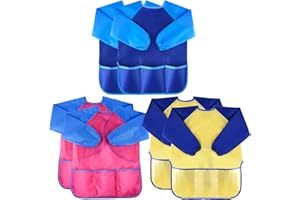 KUUQA 6Pcs Waterproof Play Art Smock, Painting Aprons with Long Sleeve and 3 Pockets for Painting, Feeding，Age 6+ Years (Pain