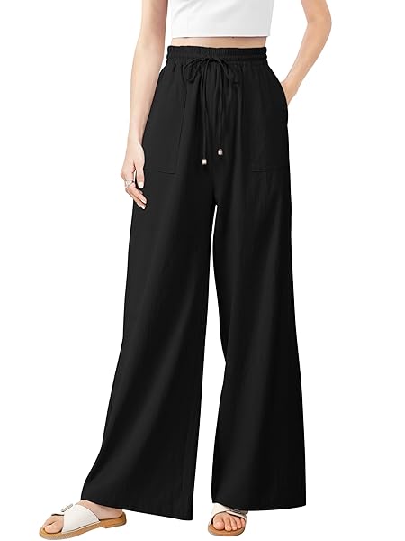 URATOT WOMEN’S COTTON PALAZZO PANTS SUMMER WIDE LEG HIGH WAIST CASUAL LOOSE DRAWSTRING LOUNGE TROUSERS WITH POCKET BLACK