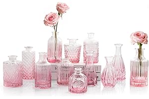 TBWIND Valentine's Day Glass Bud Vases Set of 12, Vintage Mini Vases for Centerpieces, Pink Glass Bud Vase in Bulk for Wedding Decor, Single Flowers, Office and Home Table Flower Décor-Pink