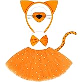 COJOUCCI Halloween Orange Tiger Cat Costume Set, Cat Ears Headband, Nose, Bow Tie, Tail and Sparkly Star Tutu Skirt, Tail, 5-Piece Animal Dress Up Accessories