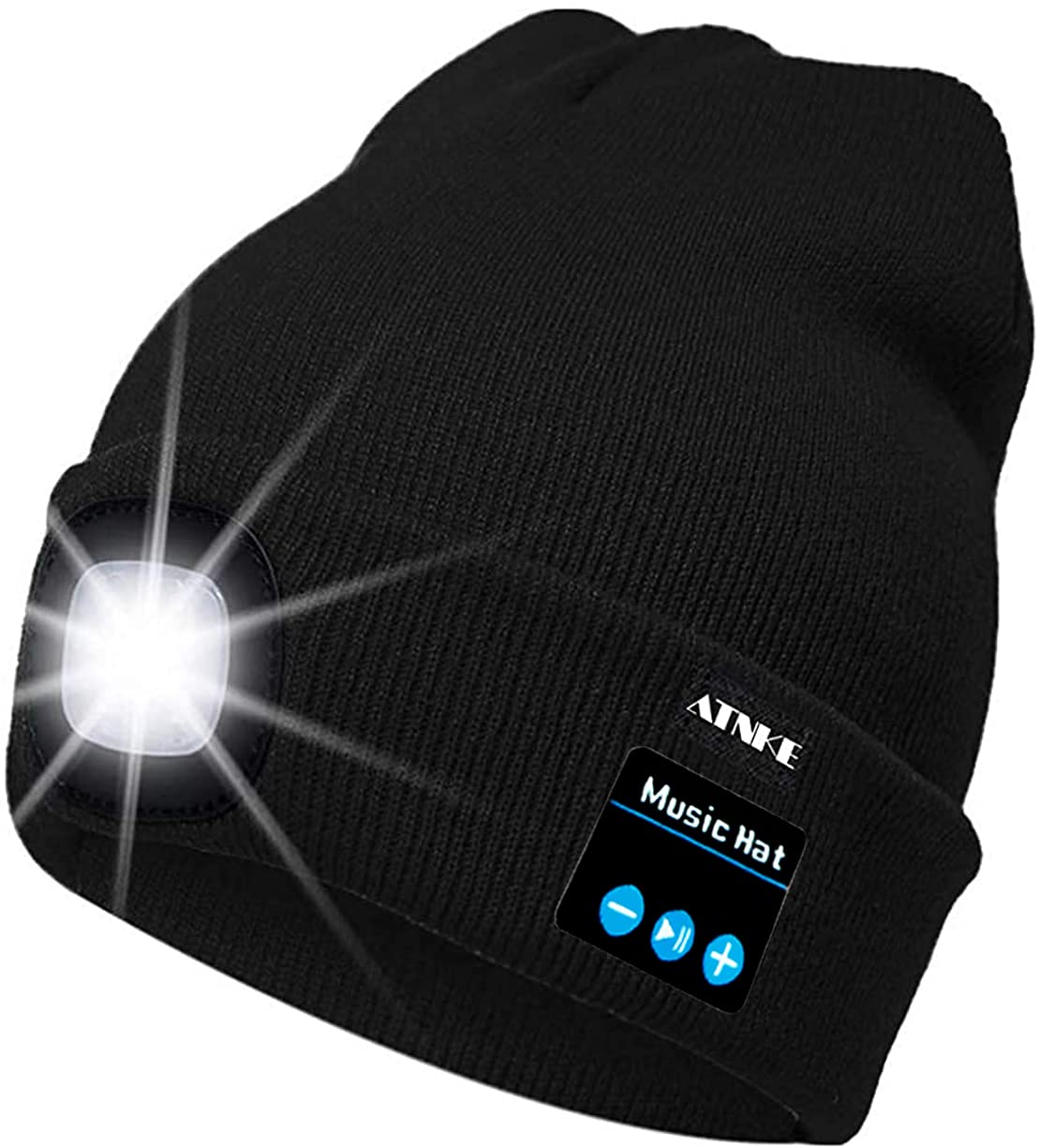 ATNKE LED Lighted Bluetooth Beanie Cap, USB Rechargeable Wireless Musical Running Hat Ultra Bright 4 LED Light Lamp Use for Skiing Hiking Camping Cycling/Black
