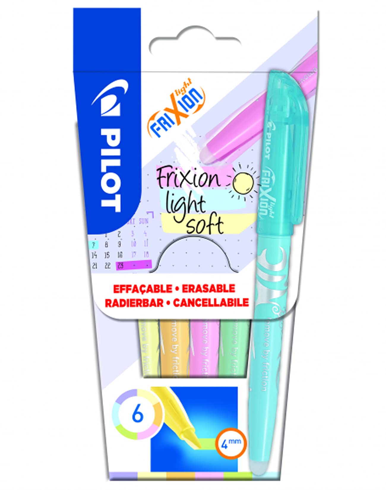 Pilot FriXion Light Soft Erasable Highlighters, Set of 6, Pastel Pink, Yellow, Purple, Blue, Orange, Green Colour