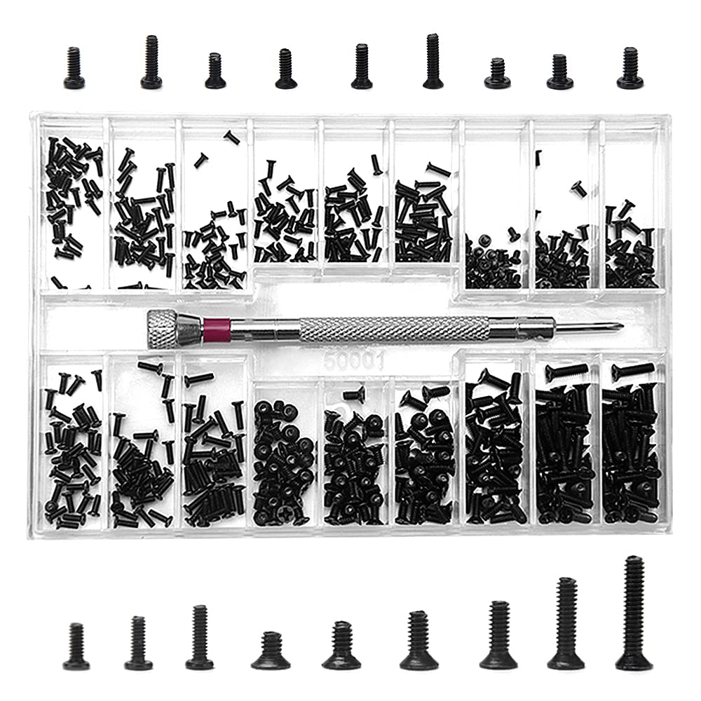 YIXISI 500 PCS Tiny Micro Repair Screw Kit, M1.2 M1.4 M2 Watch Glasses Computer Replacement Screws Kit, Stainless Steel Tiny Screws with Screwdriver, Black