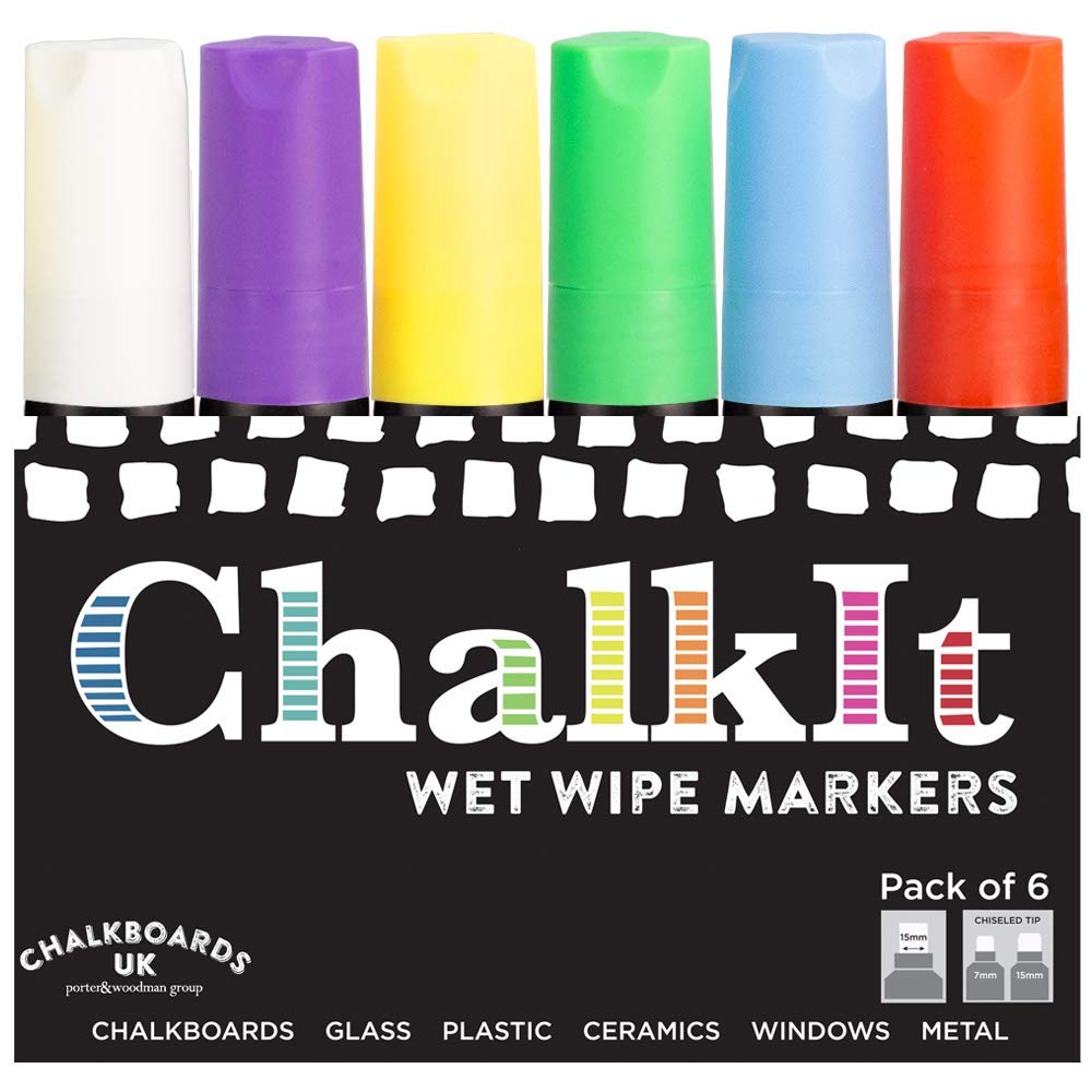 Chalkboards UK Wet Wipe Liquid Chalk Pens, Chalkboard markers, Blackboard pens (Assorted Colours, Pack of 6, 15mm)
