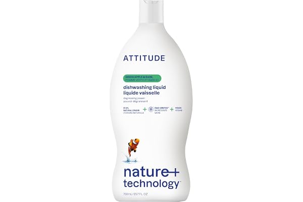ATTITUDE Dish Soap, EWG Verified, Plant-Based & Vegan Dishwashing Liquid, Naturally Derived, Made in Canada, Green Apple and