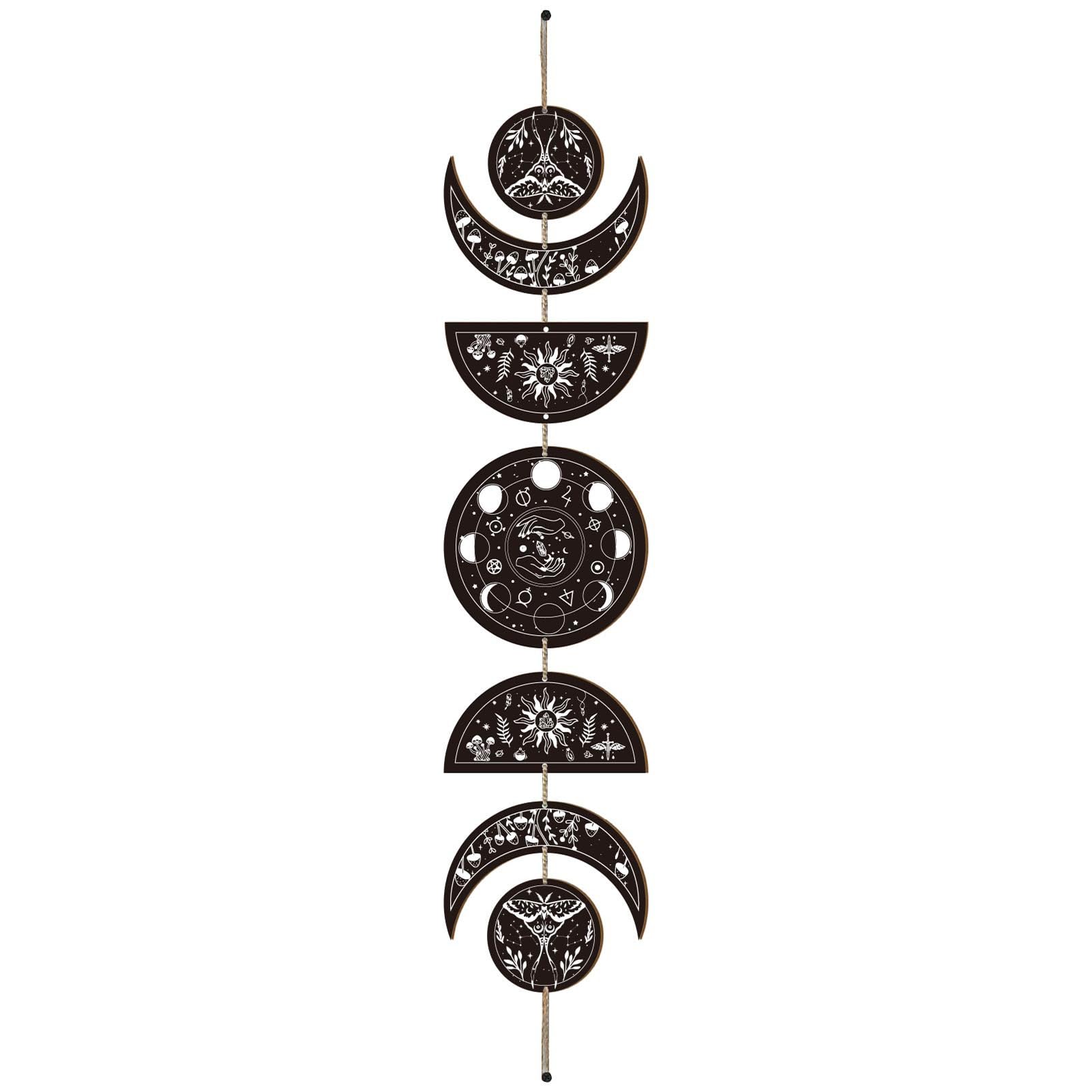 CREATCABIN 7pcs Moon Phase Wall Hanging Boho Decor Wooden Wall Art Witchy Decor Set with Cotton Thread Black Wood Moon Cycle Aesthetic Art Wall Hanging for Home Farmhouse 6.3 x 37.1 Inch
