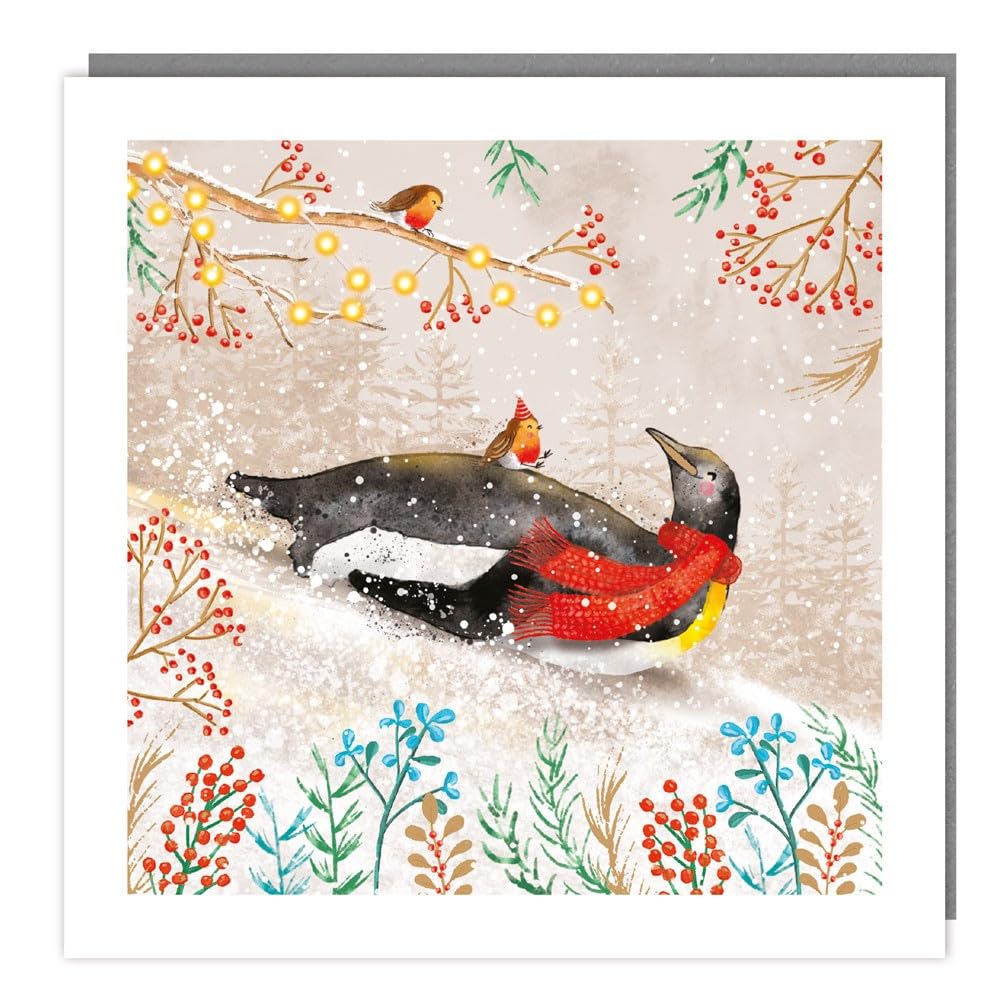 Tracks Publishing Charity Christmas Cards - Festive Penguin and Robins in the Snow with Foil Details - Eco-Friendly - Pack of 5 Cards