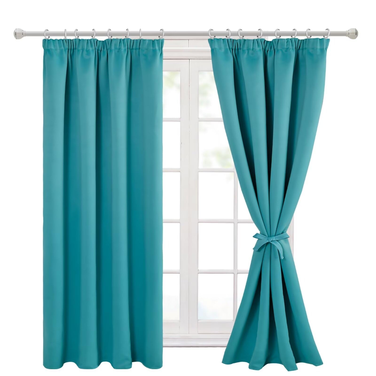 Hiasan Pencil Pleat Blackout Thermal Insulated Curtains, Bedroom and Living Room with Tiebacks, Energy Saving and Noise Reducing, 2 Panels, 66 x 54 Inch, Turquoise Blue