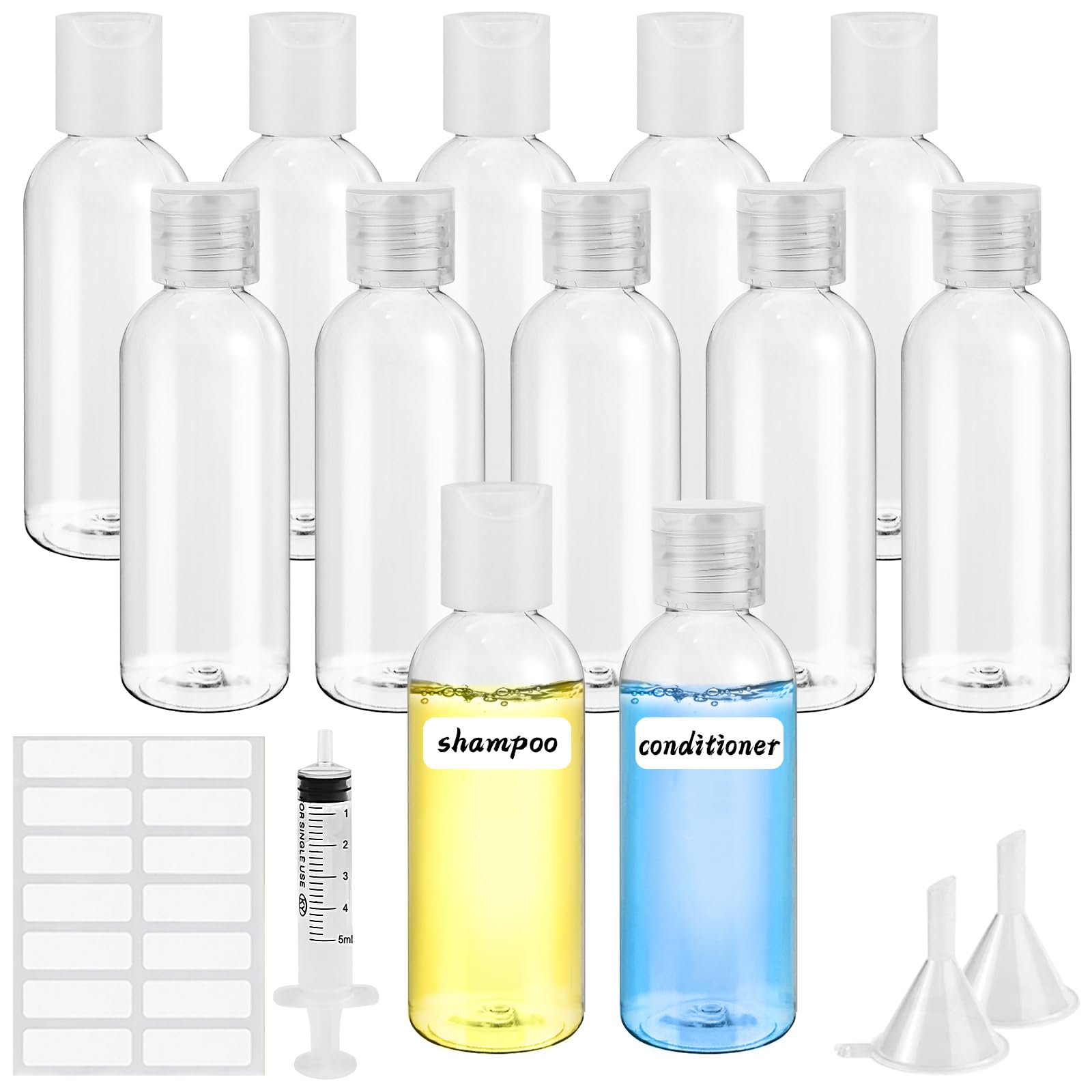 Sheryl&Rain 12Pcs 60ml Travel Bottle for Toiletries, Plastic Bottles Empty, Refillable Transparent Travel Bottles with Syringe Funnels and Labels for Travel Toiletries Makeup
