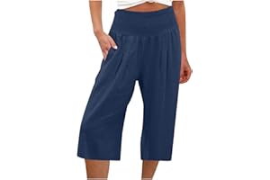 Huilaibazo Capris for Women Elastic High Waist Casual Fit Pants Wide Leg Boho Summer Beach Pant Flowy Mid Calf Palazzo Pant