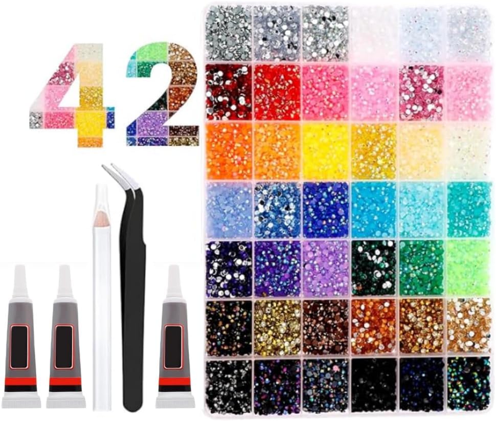 42 Colors Resin Jelly Rhinestones for Bedazzling, 3mm 32000 Pcs Flatback Gems, Tweezers and Pickup Pen for Crafts Clothes DIY