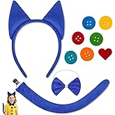 Blue Cat Costume Set for Kids & Adults – Halloween Dress Up Outfit with Cat Ear Headband, Bow Tie, Tail & Colorful Button Stickers – Storybook Character Cosplay Party Supplies