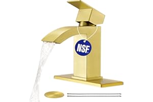 CREA Gold Waterfall Bathroom Faucet Single Hole,Brushed Gold Faucet for Bathroom Vanity Single Handle Bathroom Sink Faucet 1 Hole,Stainless Steel Utility Sink Faucet for RV Bar Lavatory(Pop Up Drain)