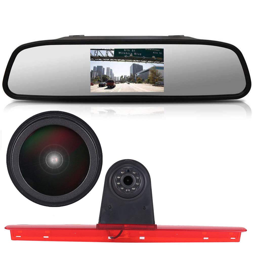 〔18mm Lens Camera + 4.3'' Rearview Mirror 〕Car HD waterproof 3rd Brake Light Reverse Camera Kit for VW T5 Bus Transporter Multivan Caravelle/Business with tailgate third 3rd stop light