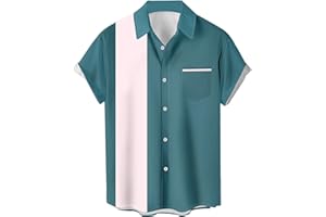 LZZIDOU Men's Vintage Bowling Shirts 1950s Casual Short Sleeve Button Up Contrast Shirt Summer Color Block Cuban Shirts