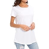 BeauNerine Women's Cotton Fitted Long Length T Shirts Short Sleeve Basic Comfy Tunic Tee Tops