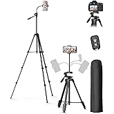 EMART 61’’ Phone Tripod Stand with Flexible Gooseneck, Portable Tripod for iPhone and Camera, Overhead Cellphone Holder with Remote for iPad Tablet Cooking Video Youtuber Vlogging Recording