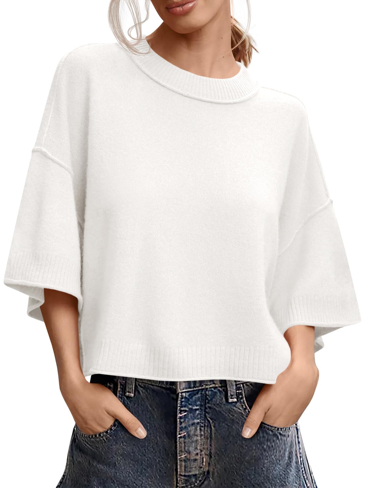 Photo 1 of **DIRTY**Saodimallsu Womens Short Sleeve Sweater Summer Oversized Cropped Sweaters Casual Crewneck Lightweight Knit Tops White