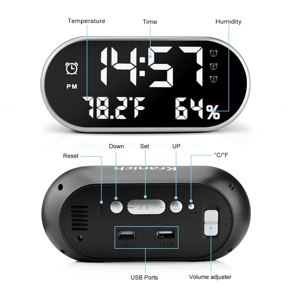 USB Digital Alarm Clocks Mirror Bedside Large LED Display Non Ticking for Kids