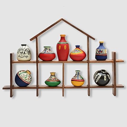 ExclusiveLane 9 Warli Handpainted Terracotta Pots with Sheesham Wooden Hut Frame Wall Hanging(40.6 cm x 51 cm x 27.9 cm, Set of 9) -Terracotta Showpiece Decorative for Home Wall Hanging Shelves