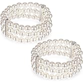 Aysatogc 2Pcs Pearl Cuff Bracelet, 1920s Flapper Imitation Pearl Bracelet Multi-Layered Elastic Bangle Vintage Bracelets Women Bridal Wedding Jewelry Roaring 20s Accessories Jewelry