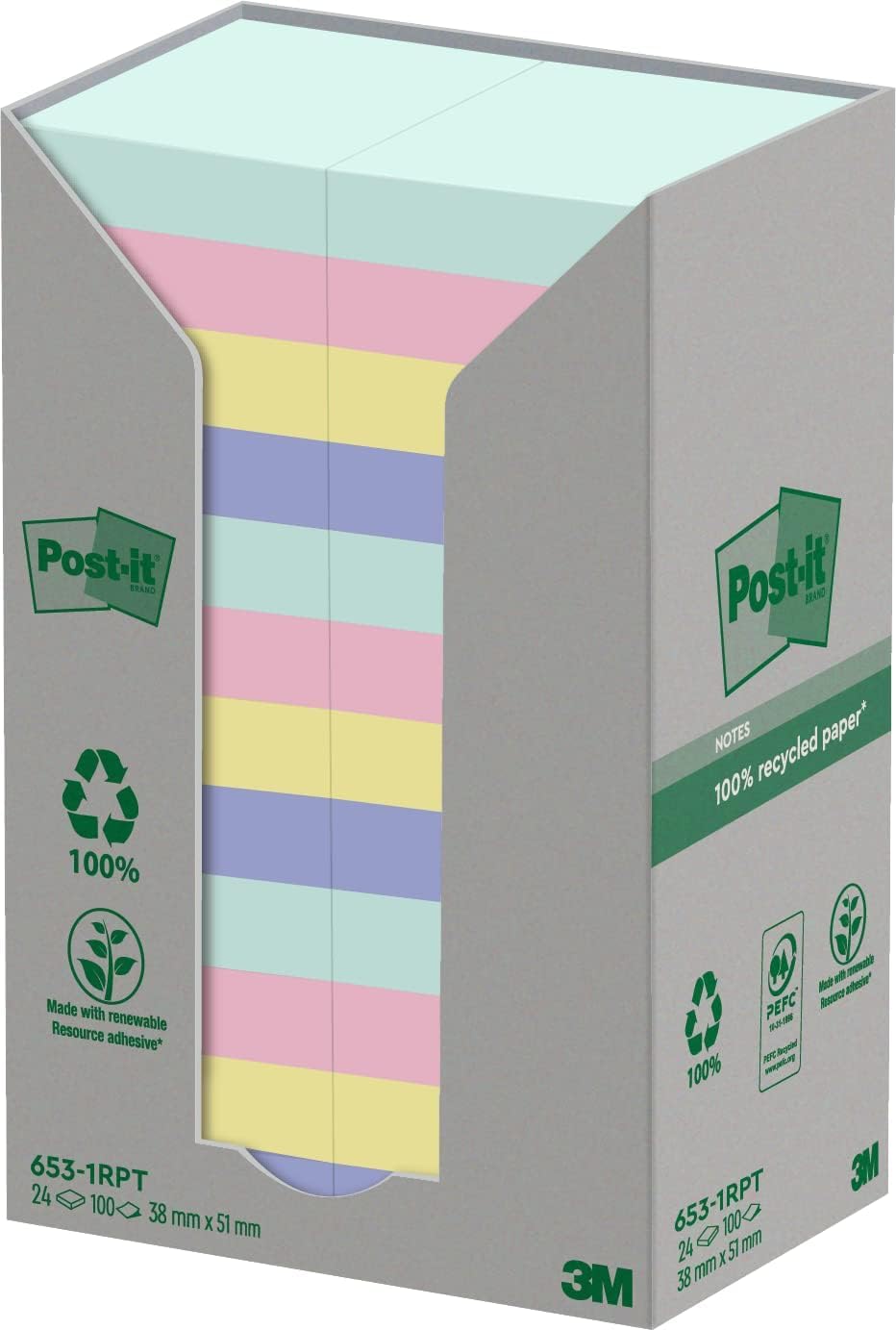 Post-it Recycling Notes Assorted Colours, Pack of 24 Pads, 100 Sheets per Pad, 38 mm x 51 mm, Green, Pink, Yellow, Blue - Self-Stick Notes Made from 100% Recycled Paper