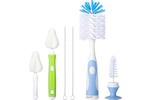 CAREBABYMORE Baby Bottle Brush with One Base Hidden Nylon Nipple Cleaner, 2 Pcs Sponge Nipple Brushes, 2 Pcs Straw Brushes, Bottle Brush with Nipple Cleaner and Suction Cup (Blue)