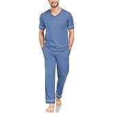 COLORFULLEAF Mens 100% Cotton Pajamas Set Short Sleeve V-Neck Sleepwear Soft Loungewear Pjs with Pockets