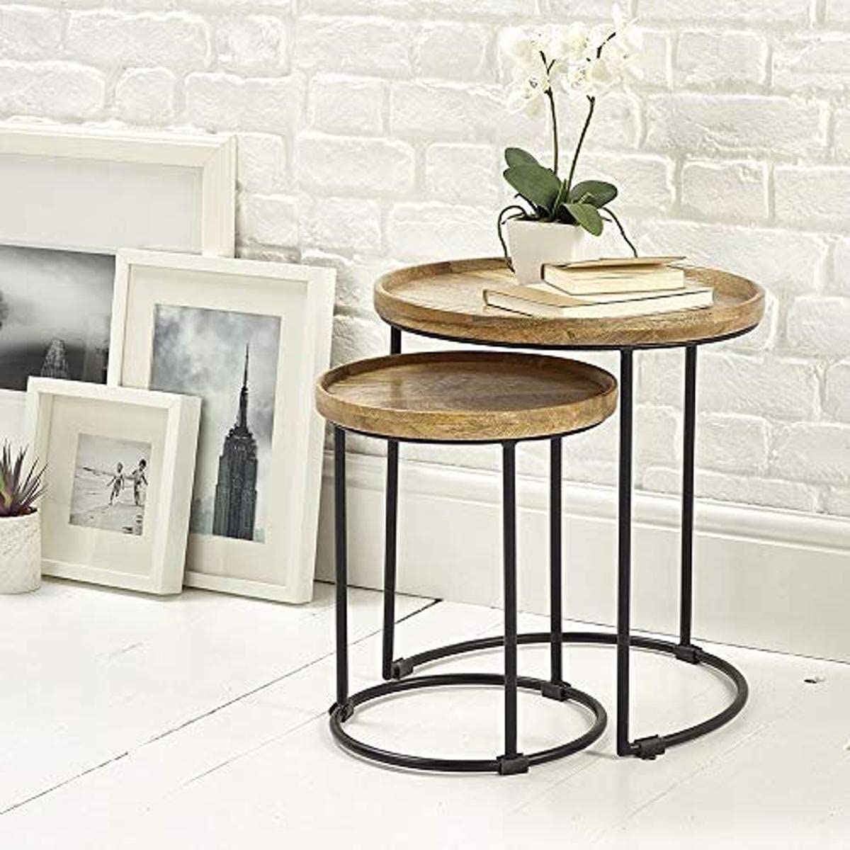 Elm home and garden Round solid wood trays nest of 2 tables side end lamp table