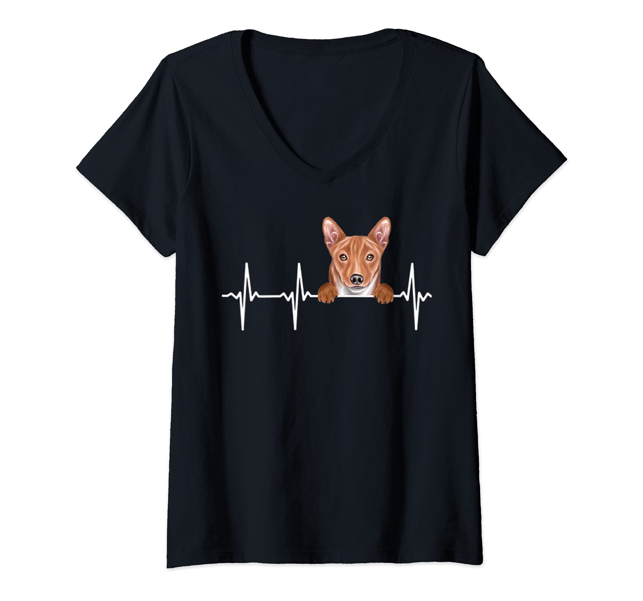 Womens Funny Dog Heartbeat For Basenji Lovers V-Neck T-Shirt