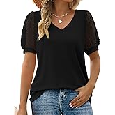 MYCOLORBLUE Women's Summer Tops Casual Solid Color V Neck Swiss Dot Puff Short Sleeve Loose T Shirt