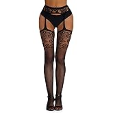 ohyeah Suspender Pantyhose for Women Pattern Lace Fishnet Tights Thigh High Stockings with Garter Black Fishnet Leggings