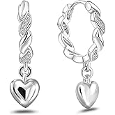 Heart Dangle Hoop Earrings for Women White Gold Plated Sterling Silver CZ Heart Earrings Sparkling Cubic Zirconia Huggie Earrings Crystal Highly Polished Dainty Jewelry Gifts for Daughter Birthday