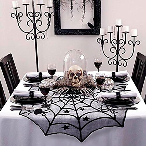 2 Pack Halloween Decorations Black Lace Spider Round Web Tablecloth Fireplace Table Topper Covers (Black B)