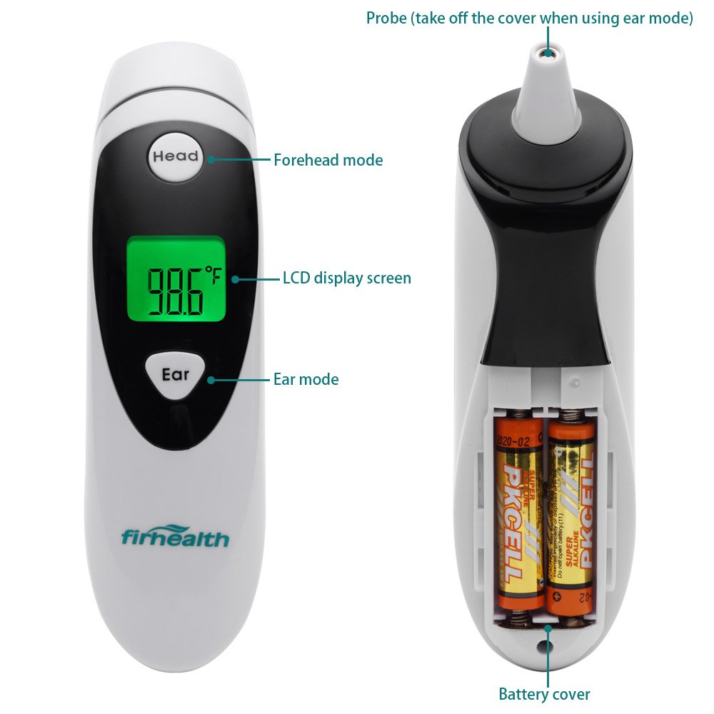 Firhealth Forehead and Ear Thermometer, Infrared Digital Fever Thermometer for Baby, Adult and Elderly Professional Precision And Medical Accuracy Fever Alarm, CE and FDA Approved, Black