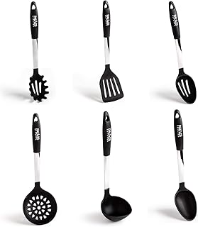 Paulis Kitchen 6 teiliges Kochbesteck Küchenhelfer Set Silikon schwarz und Edelstahl Pfannenwender Suppenkelle Küchenzubehör
