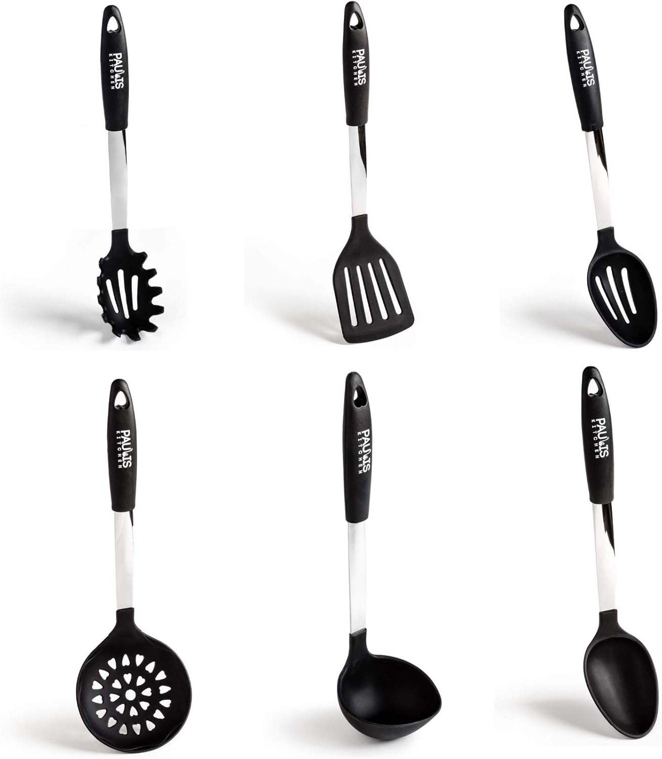 Paulis Kitchen 6 teiliges Kochbesteck Küchenhelfer Set Silikon schwarz und Edelstahl Pfannenwender Suppenkelle Küchenzubehör
