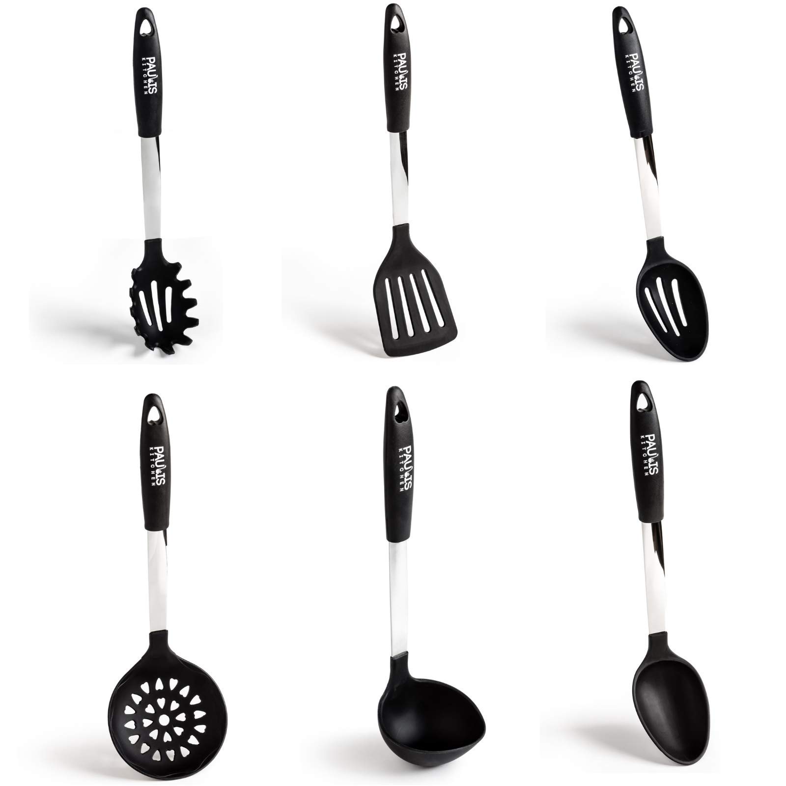 Set utensili da cucina Paulis Kitchen composto da 6 pezzi – in silicone / acciaio inox – cucchiaio da portata, cucchiaio forato, spatola, schiumarola, mestolo, servispaghetti