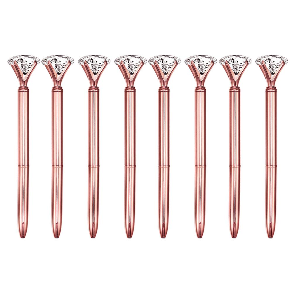 MEGA 8 PCS Crystal Diamond Pen Metal Rotate Black Ink Ballpoint Pen Rose Gold