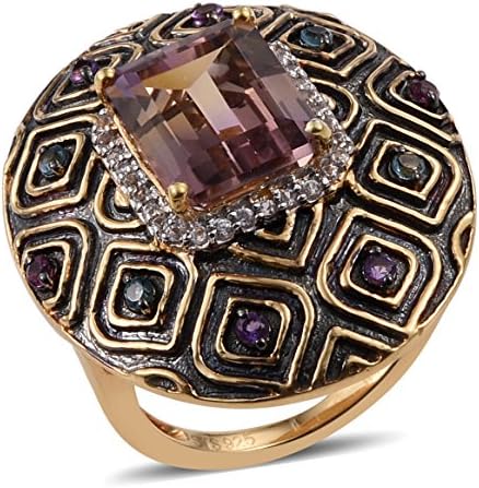 Ametrine, Multi Gemstone Yellow Gold Plated Silver Cluster Ring For Women 4.77 cttw. Size 7