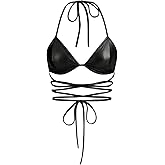 Verdusa Women's Y2K PU Leather Backless Criss Cross Tie Sleeveless Halter Crop Top