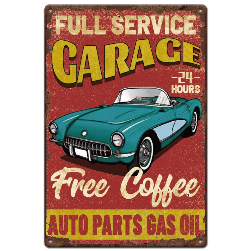 SUPERDANT Full Service Garage Tin Sign Garage Metal Tin Sign Free Coffee Metal Signs 24 Hours Car Service Signs for Man Cave Cafe Bars Pubs Shop Funny Retro Wall Decoration