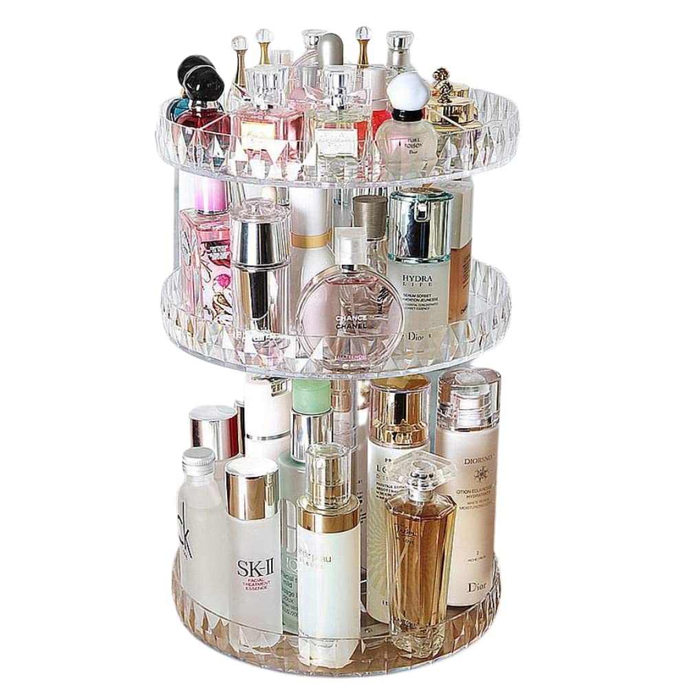 TRIXES Make Up Organiser - 360 Degree Rotating Cosmetics Stand - Adjustable 2 or 3 Tier Beauty Accessory Storage - Faceted Acrylic Home Design