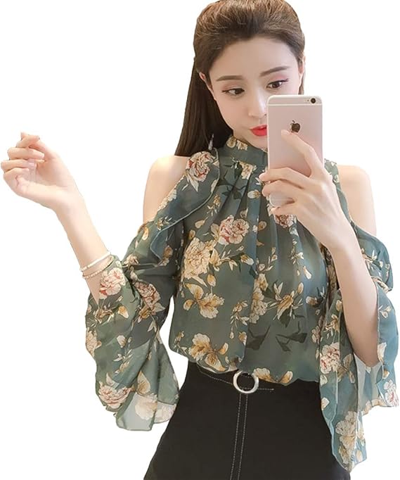 Amazon Zuomaシフォンシャツ レディース オフショルダー パフスリーブ ブラウスシャツ Tシャツ 涼しげ 夏服 おしゃれ スタンドカラー カジュアルトップス ギャザー入り 花柄 シャツ ブラウス 通販