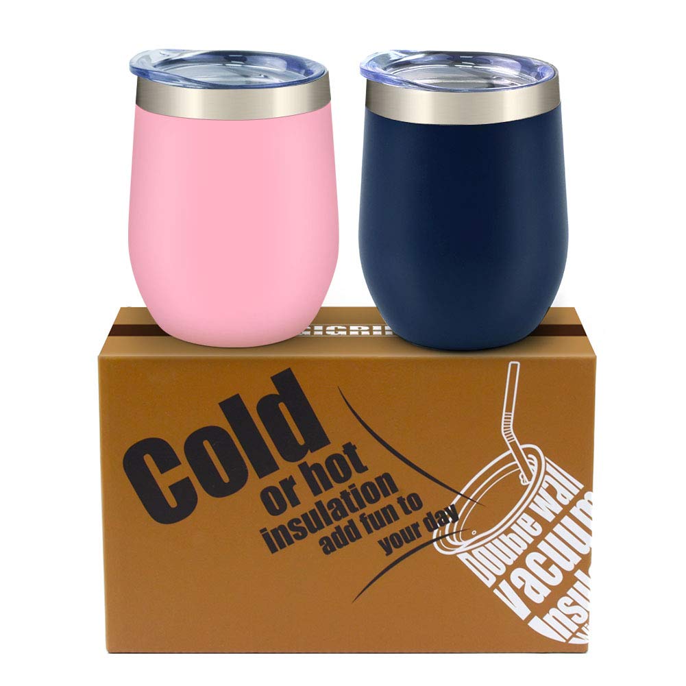 GIGRIN Stainless Steel Wine Glasses with Lid and Straw, 12oz Stemless Wine Tumbler Hot and Cold Insulated Wine Cup for Couples, Him Her - Cleaning Kit Included (Pink and Midnight Blue)