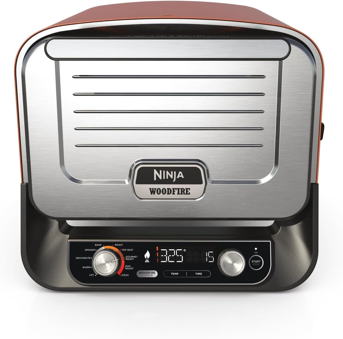 Ninja Woodfire Outdoor-Ofen, 8-in-1-Pizza- Ofen, BBQ-Smoker mit Bratrost, Pro-Heat-Schale, Pizzastein, Holzpellets & Schaufel, elektrisch, 6 Pizza-Einstellungen, Burnt Orange OO101EU