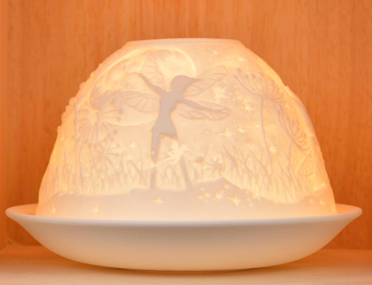 Nordic Lights Fairy Porcelain Tealight Holder Dome | Candle Holder Projecting 3D Image Use With Scented Candle, LED Light | Living Room Decor Lights | Shade & Plate Set with Gift Box