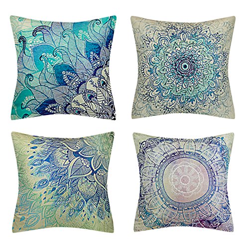 BOJIN Decorative Throw Pillow Covers 18x18 Inch Cushion Square Peach Skin for Sofa Bedroom Car Set of 4 - New Cyan Mandala