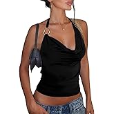 sedmoda Women Sexy Halter Cowl Neck Tops Backless Ring Linked Cami Crop Tops Summer Going Out Tops